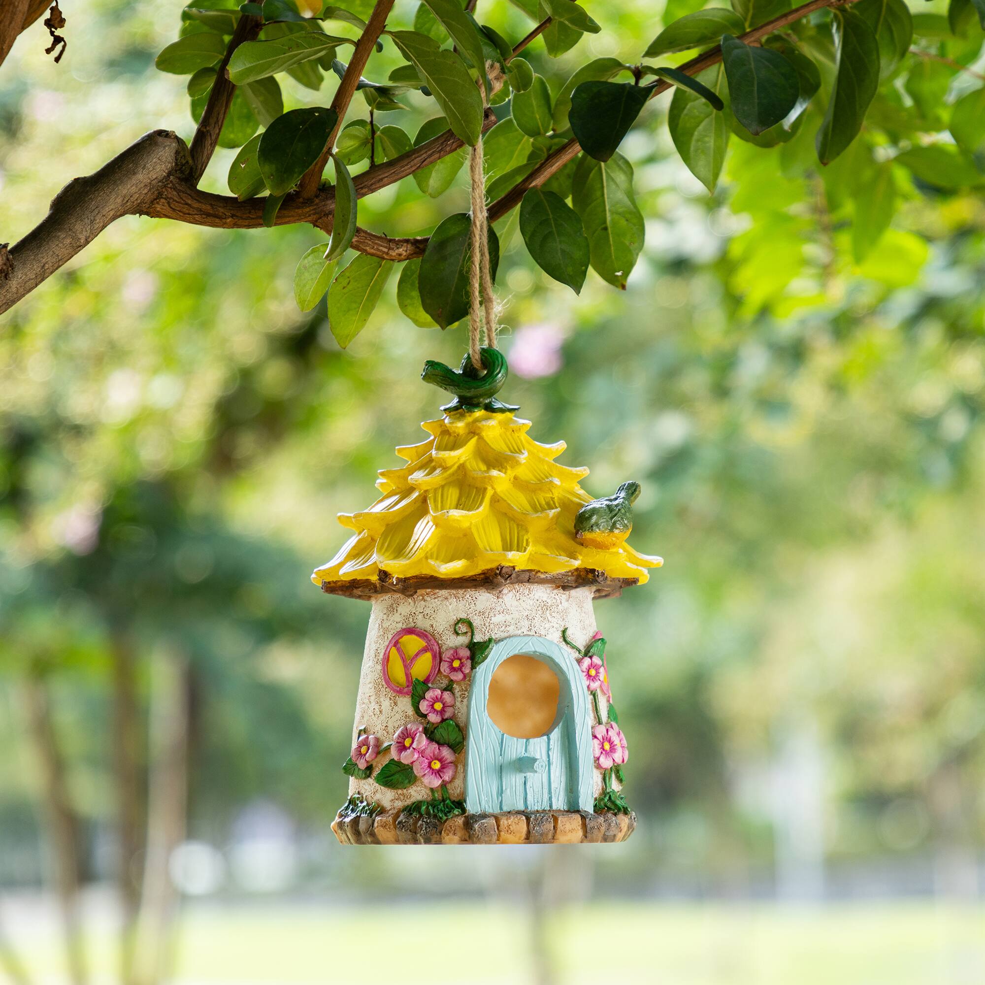 Glitzhome® 9" Resin Yellow Roof Outdoor Garden Birdhouse